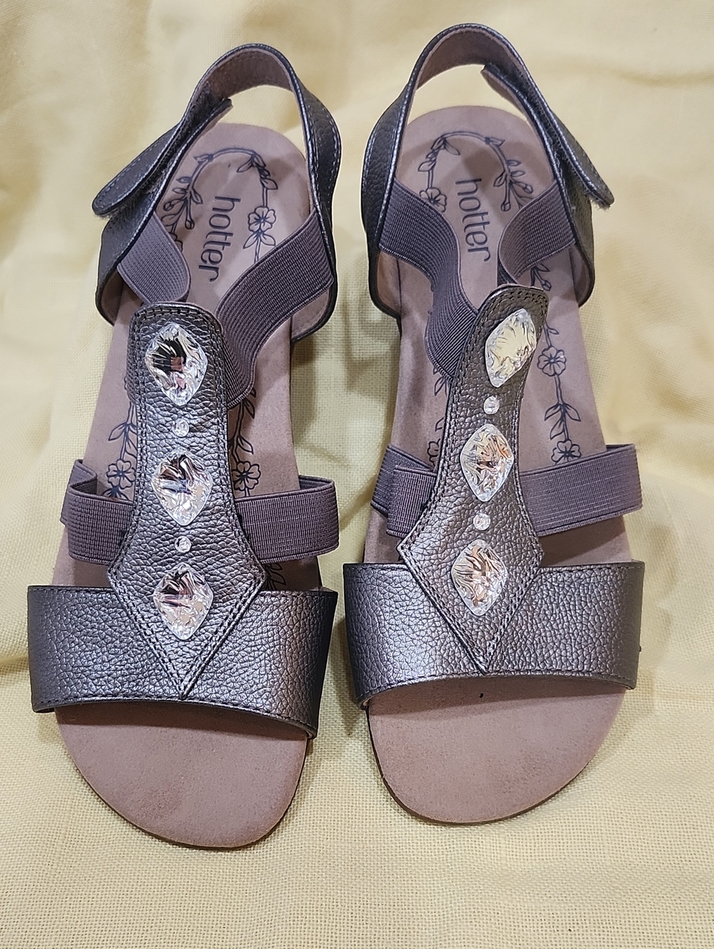 hotter Womens Metallic Pewter Sandals with Crystal Accents